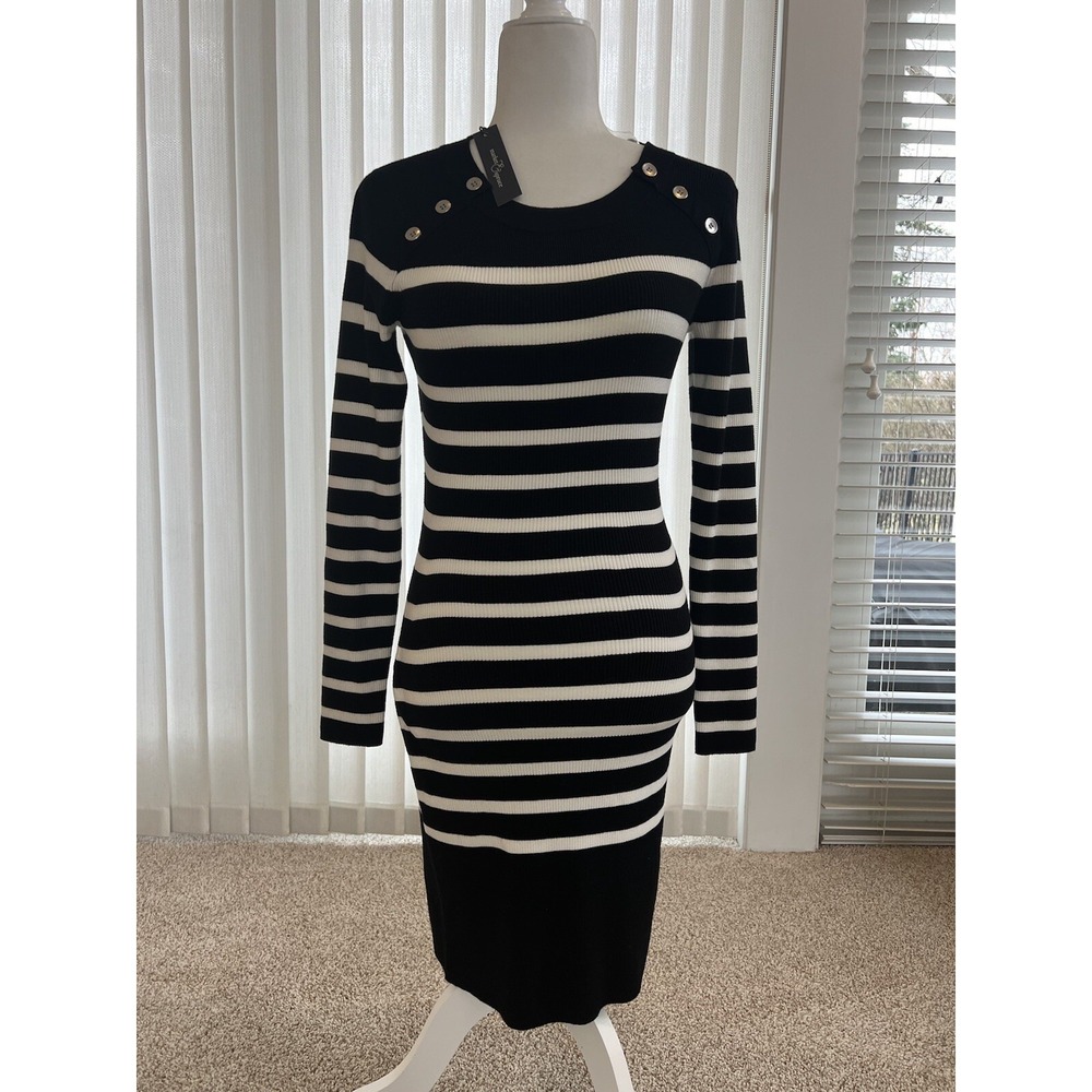 Market & Spruce XS Eileene Ribbed Black &‎ White Striped Sweater Dress NEW